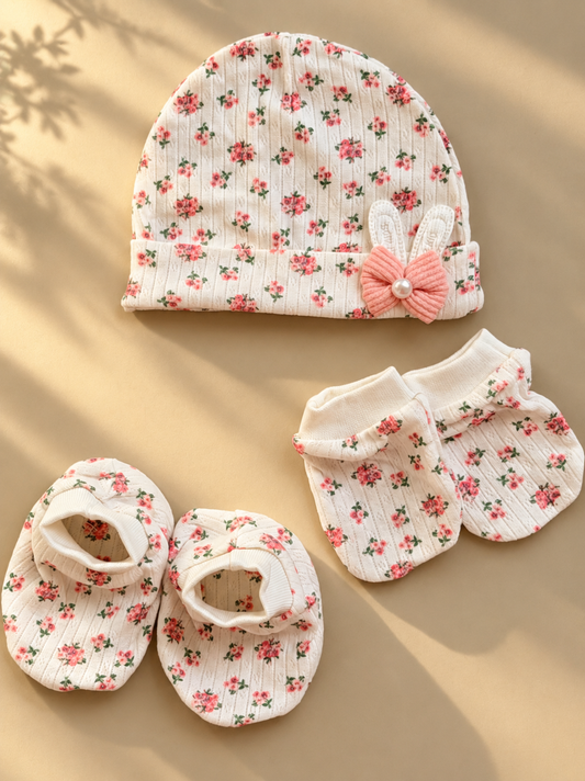 Cap, Booties and mittens set